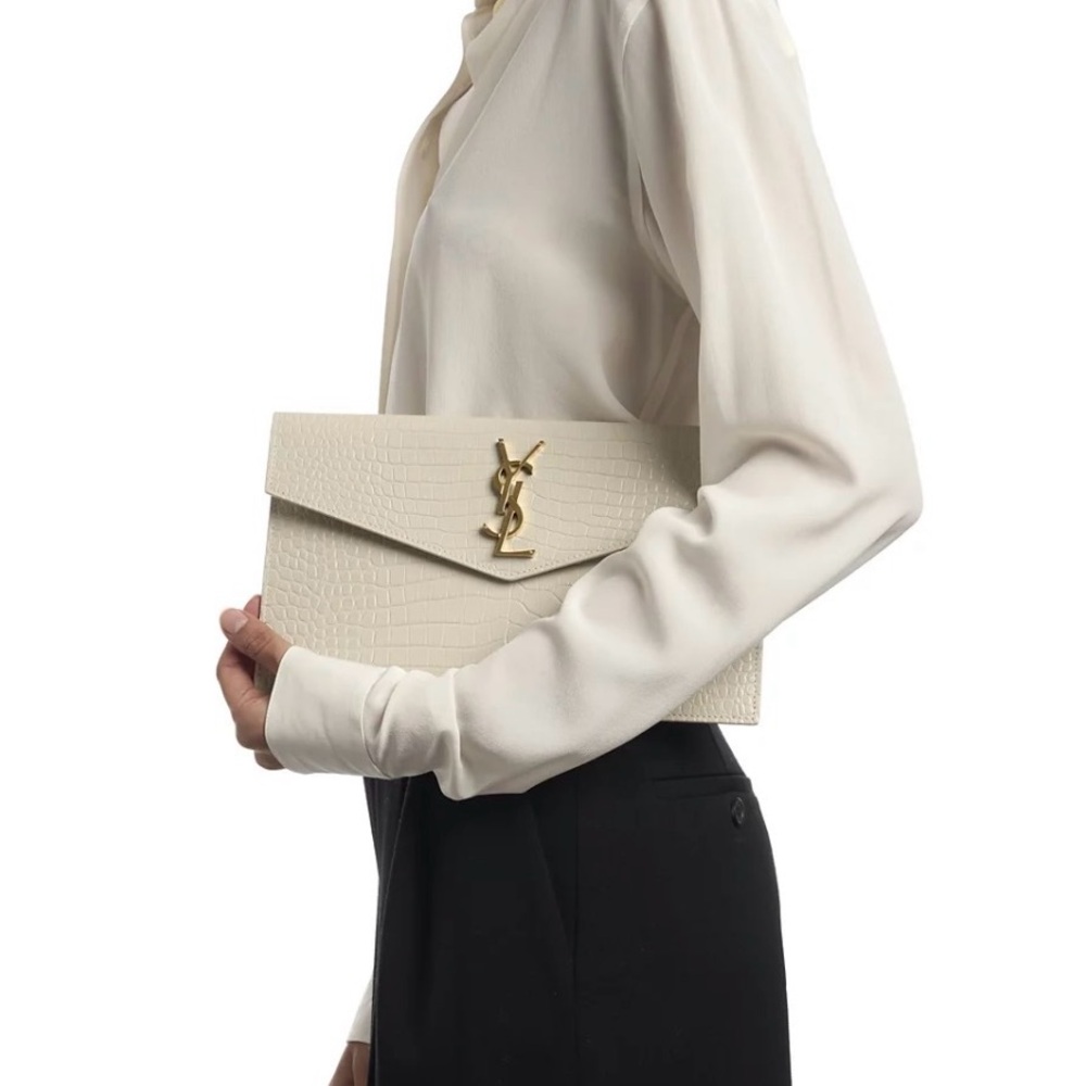 Yves Saint Laurent Ivory Croc-Embossed Clutch